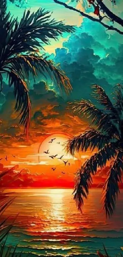 Tropical sunset with vivid colors and palm trees on a serene ocean background.