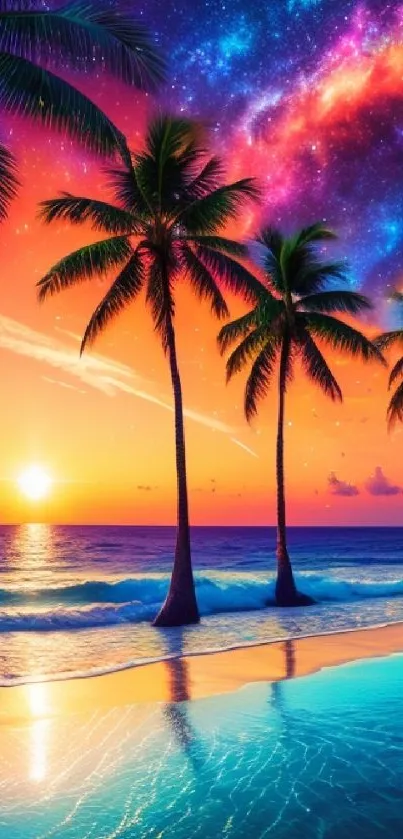 Vibrant tropical sunset with palm trees and colorful night sky.