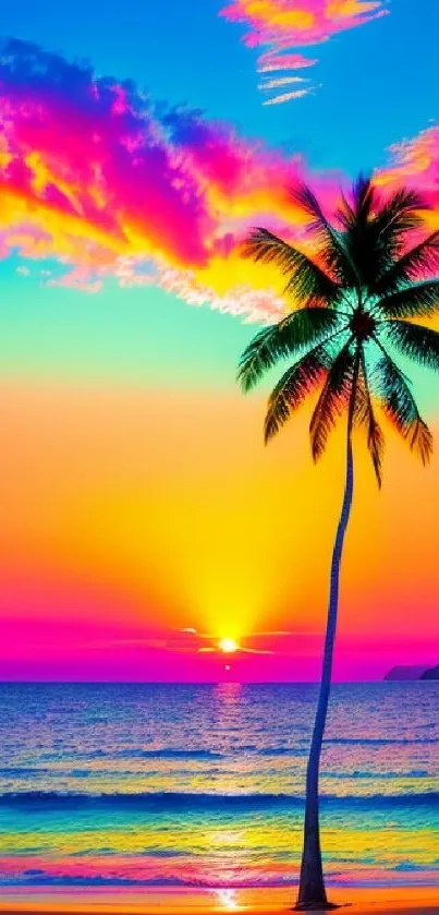 Vibrant sunset with lone palm tree over a multicolored beach scene.