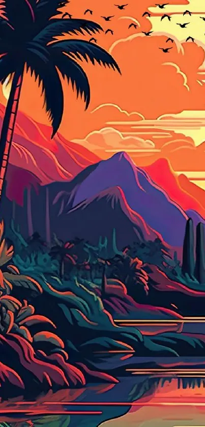 Vibrant tropical sunset with palm trees and a colorful sky.