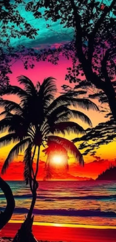 Vibrant sunset with palm trees on a tropical beach.