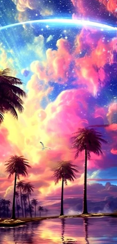 Vibrant tropical sunset with palm trees and cosmic clouds.