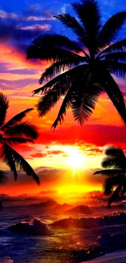 Vibrant tropical sunset with palm silhouettes.