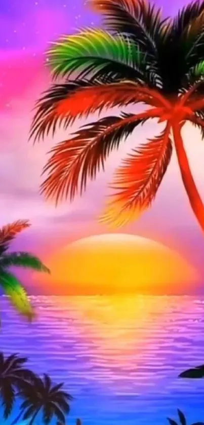 Vibrant sunset with palm trees and ocean view.