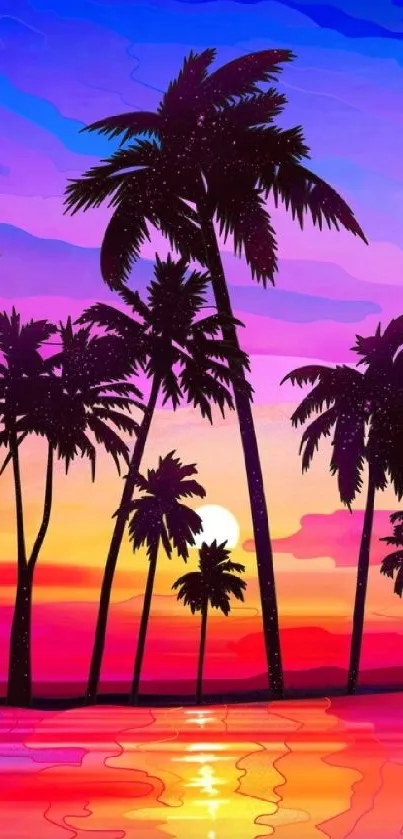 Tropical sunset with palm trees silhouetted against a vibrant magenta sky.