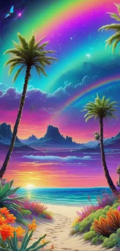 Vibrant tropical sunset wallpaper with palm trees and colorful sky.