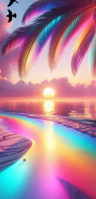 Vibrant tropical sunset with colorful waves and palm fronds.