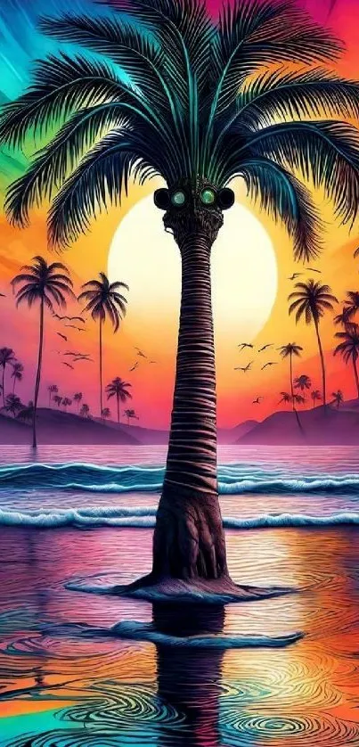 Colorful tropical sunset with palm silhouette.