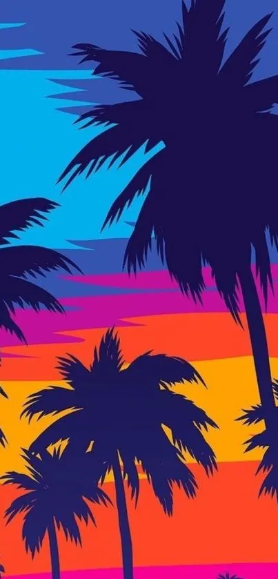 Silhouetted palm trees against a colorful tropical sunset sky.