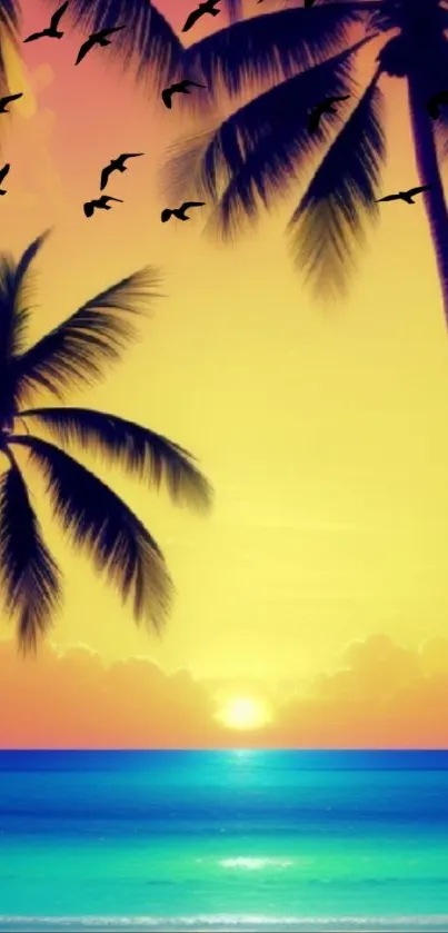 Tropical sunset with palm silhouettes and vibrant colors over the ocean.