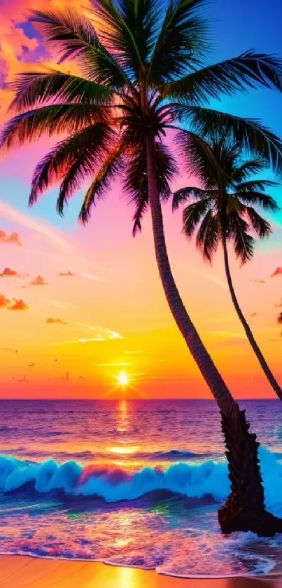 Vibrant tropical sunset with palm trees and ocean waves.