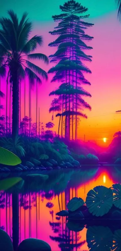 Vibrant tropical sunset with palm trees and reflections.