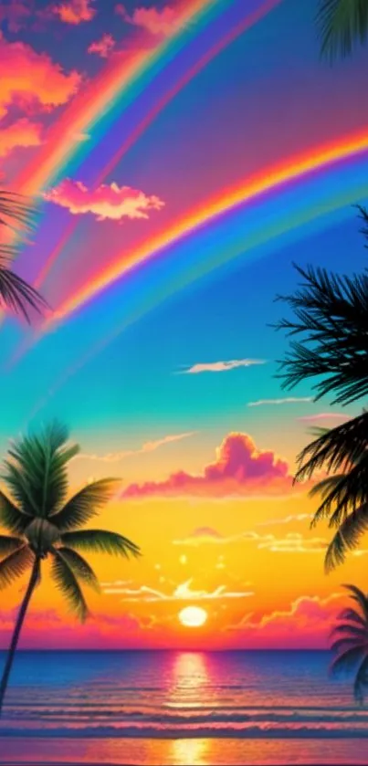 Tropical sunset with palm trees and vibrant rainbow over ocean.