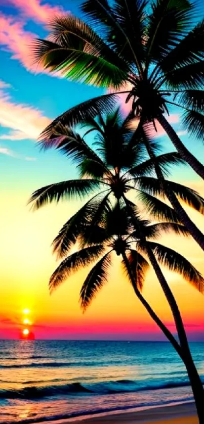 Tropical sunset with palm trees on a beach, featuring vibrant colors.
