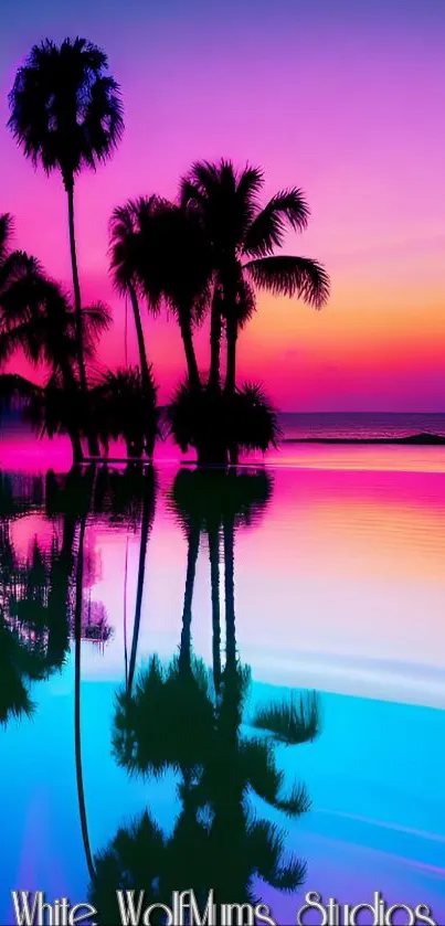Vibrant sunset with palm trees reflected in water.