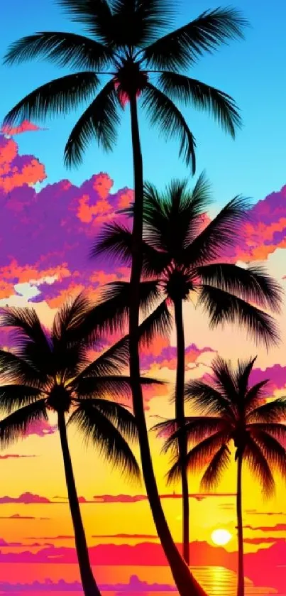 Palm trees silhouetted against a vibrant tropical sunset.