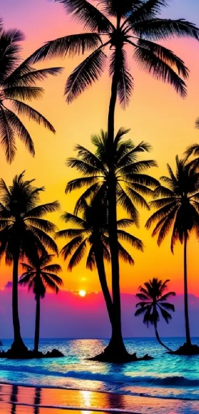 Vibrant tropical sunset with palm trees on a tranquil beach.