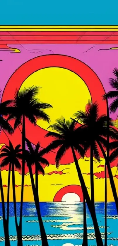 Vibrant tropical sunset with palm tree silhouettes on a mobile wallpaper.