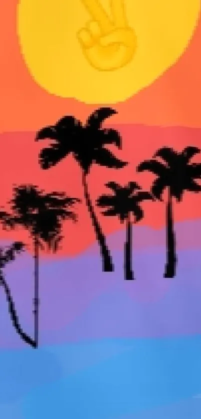 Colorful tropical sunset with palm trees and peace sign sun.