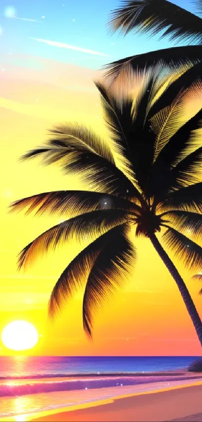 Vibrant sunset with palm trees on a tropical beach.