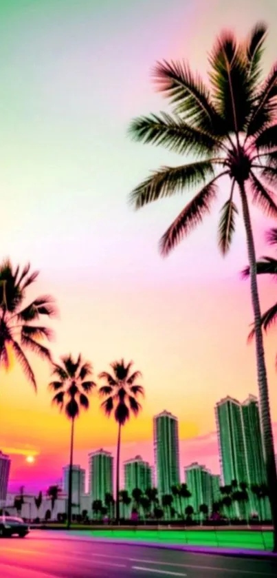 Tropical cityscape at sunset with palm trees and colorful skies.