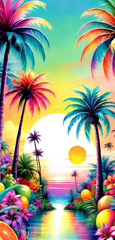Vibrant tropical sunset with palm trees and ocean