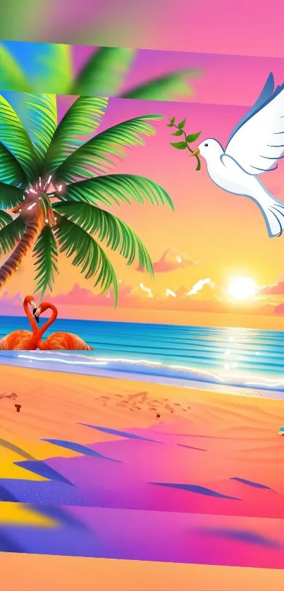 Vibrant tropical sunset with a palm tree on a colorful beach.