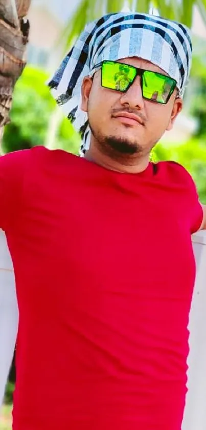 Man in vibrant tropical setting with sunglasses and palm tree.