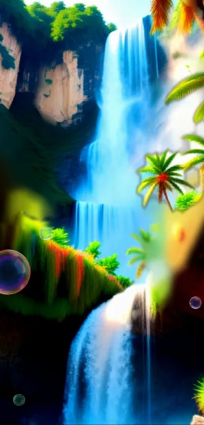 Vibrant tropical waterfall with colorful palms and lush greenery.