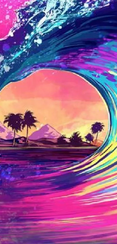 Vibrant artwork of a tropical wave with pink, purple, and blue hues.