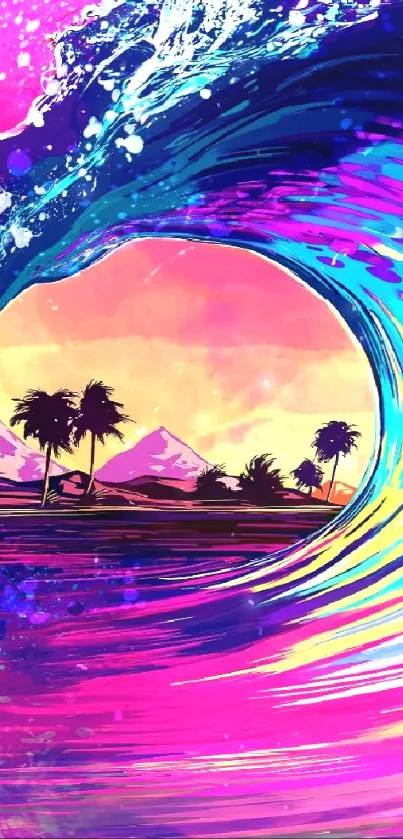 Vibrant tropical wave art with island view.