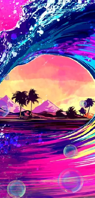 Vibrant tropical wave with palm trees and colorful sunset.