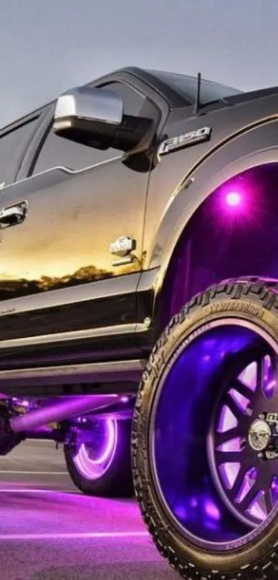 Powerful truck with vibrant purple neon lights.