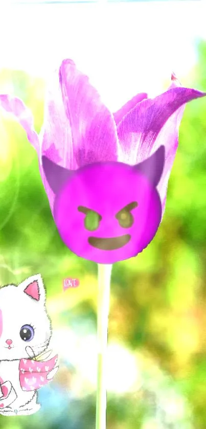 Purple tulip with cartoon cat and emoji on green background.