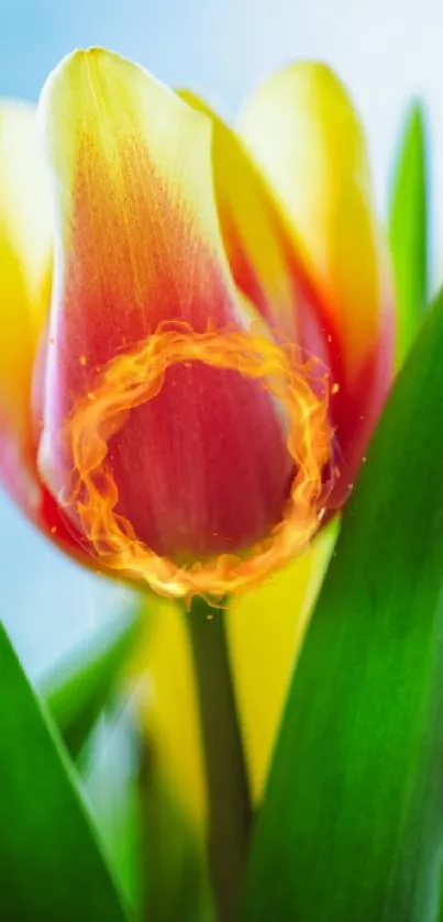 Close-up of a vibrant tulip with green leaves, ideal as a colorful mobile wallpaper.