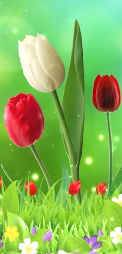 Vibrant tulip and grass mobile wallpaper with colorful flowers.