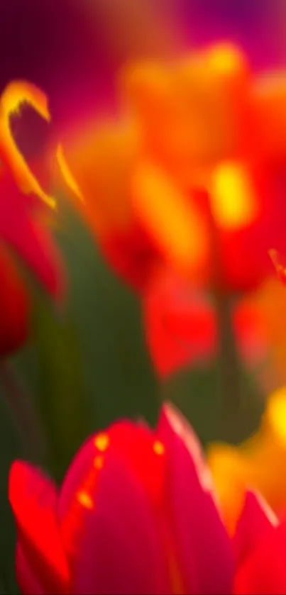 Bright red and orange tulip blossoms in a vibrant and colorful display.