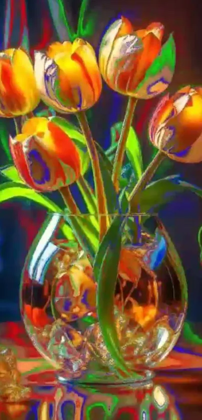 Vase of vibrant tulips with colorful petals and a reflective artistic background.