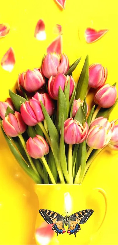 Bright yellow wallpaper with pink tulips in a vase.