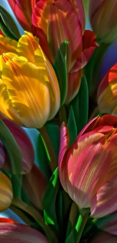 Colorful bouquet of vibrant tulips in full bloom.