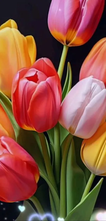 Vibrant tulips with colorful petals in bouquet.