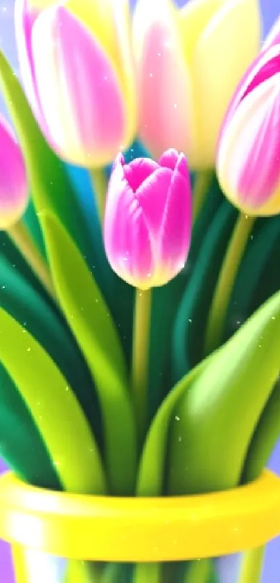 Bright tulip bouquet with pink and yellow flowers in a soft gradient background.