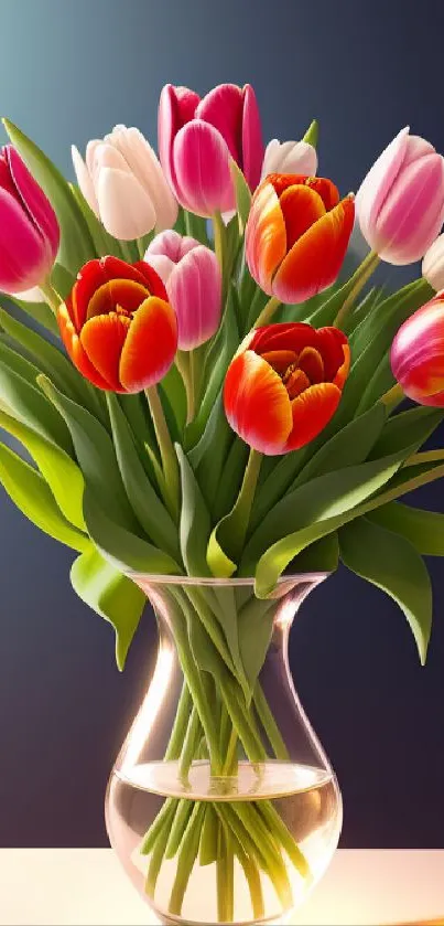 Vibrant tulip bouquet in a glass vase against a dark blue background.