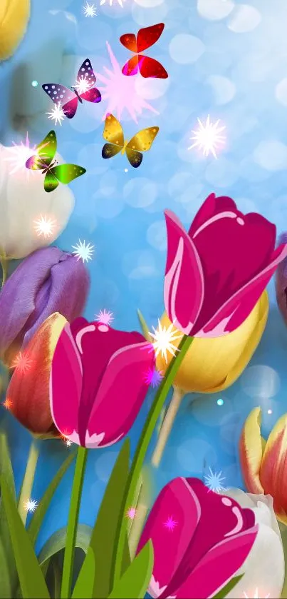 Colorful tulips and butterflies in a vibrant, nature-inspired mobile wallpaper.