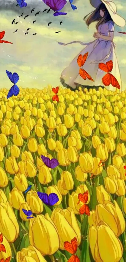 Fantasy art of a serene figure amidst a vibrant tulip field with colorful butterflies.