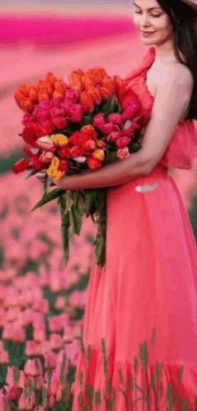 Woman in coral dress holding tulips in a vibrant flower field.