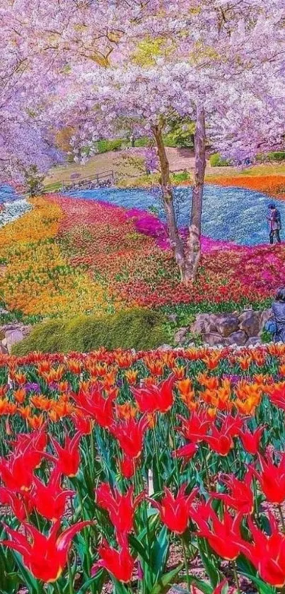 Colorful spring garden with red tulips and cherry blossoms.