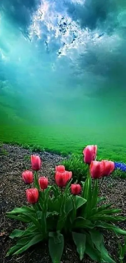 Vibrant tulips under a stunning green sky in a scenic landscape.