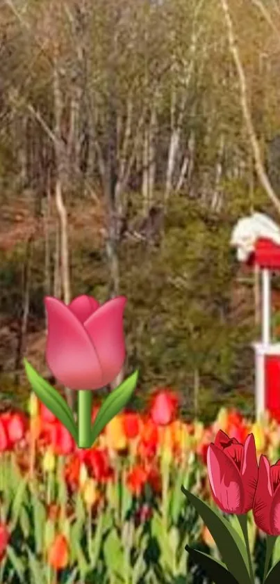 Vibrant tulip field with colorful blooms against a wooded backdrop.