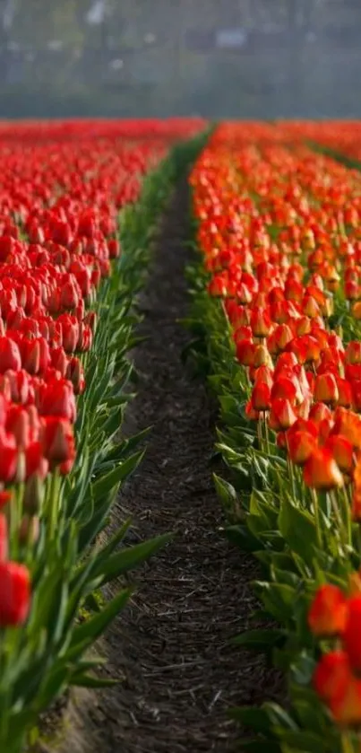 Red and orange tulip fields under a hazy sky.